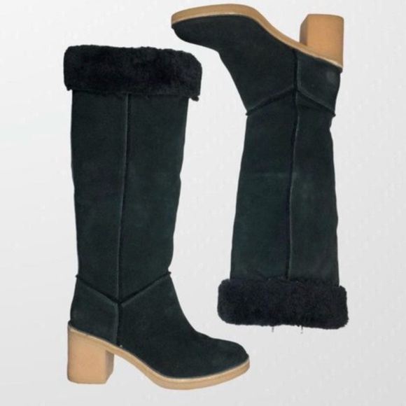 UGG Kasen Tall Black Suede Sheepskin Block Heel Boots Shearling Trim size 10 - Picture 4 of 16